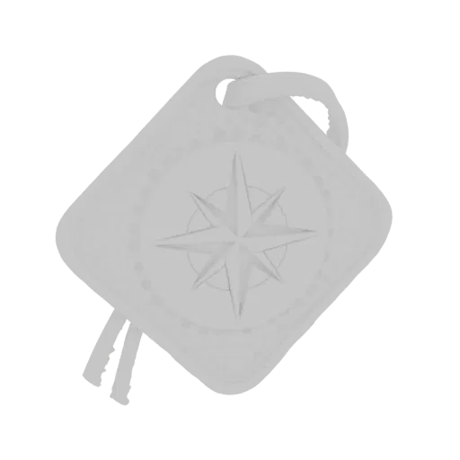 3D render of a light gray, square pendant with a detailed compass rose design and a loop for a ribbon.