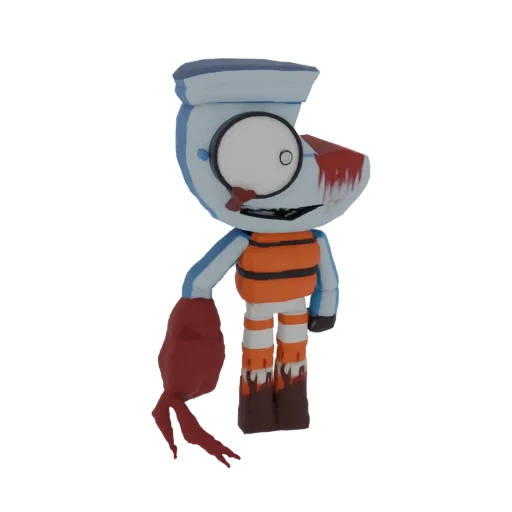 3D model of a creepy sailor character with a blood-splattered face, a tentacle arm, and striped clothing, set against a white