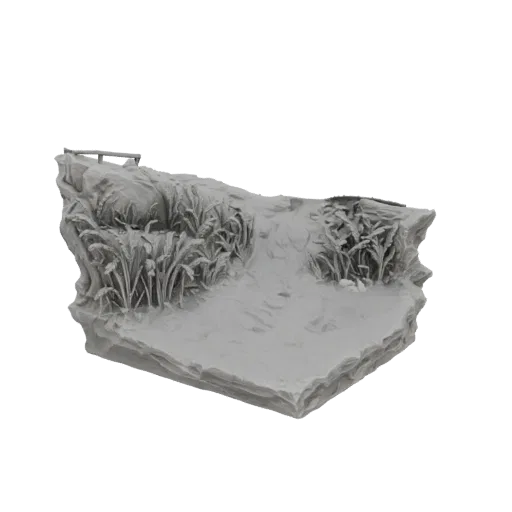 3D model of a rocky path with dense vegetation, designed as a diorama base for miniatures or gaming.