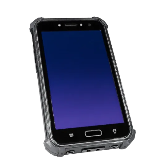 Rugged Smartphone Stylized 3D model, stylized isometric render, showing glass screens, thin device proportions.