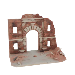 3D model of a ruined Roman archway with scattered debris on a diorama base, showing brick textures and weathered stone.