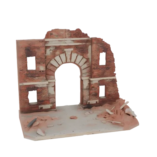 Modelo 3D de arco romano en ruinas con escombros dispersos sobre una base de diorama, mostrando texturas de ladrillo y piedra