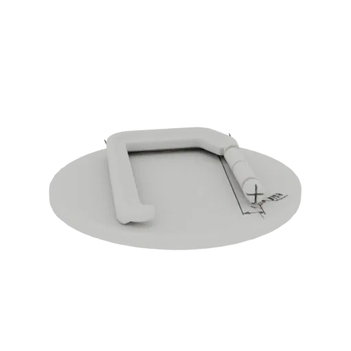 3D render of a white U-shaped bracket with a screw detail, placed on a white circular base against a black background.