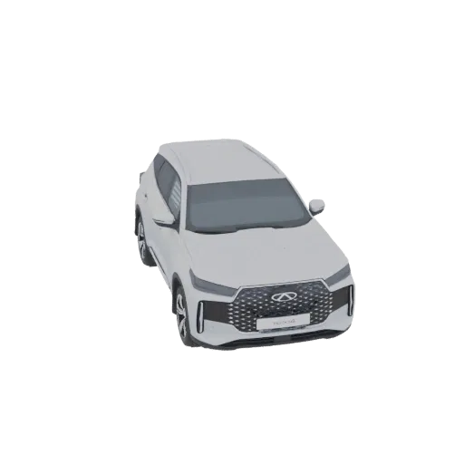 Modelo 3D de um SUV Chery Tiggo 8 branco, visto de um ângulo frontal-três quartos.