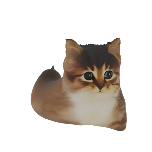 3D model of a chubby, fluffy kitten with large, expressive blue eyes, sitting with a slightly tilted head.