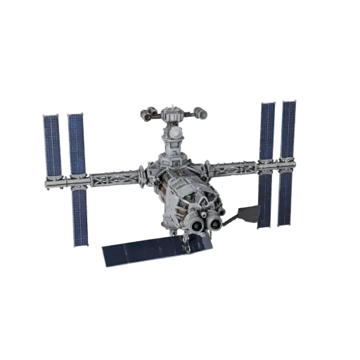 Research Relay Station High Poly 3D model, close-up studio render, showing solar panels, spacecraft silhouette.