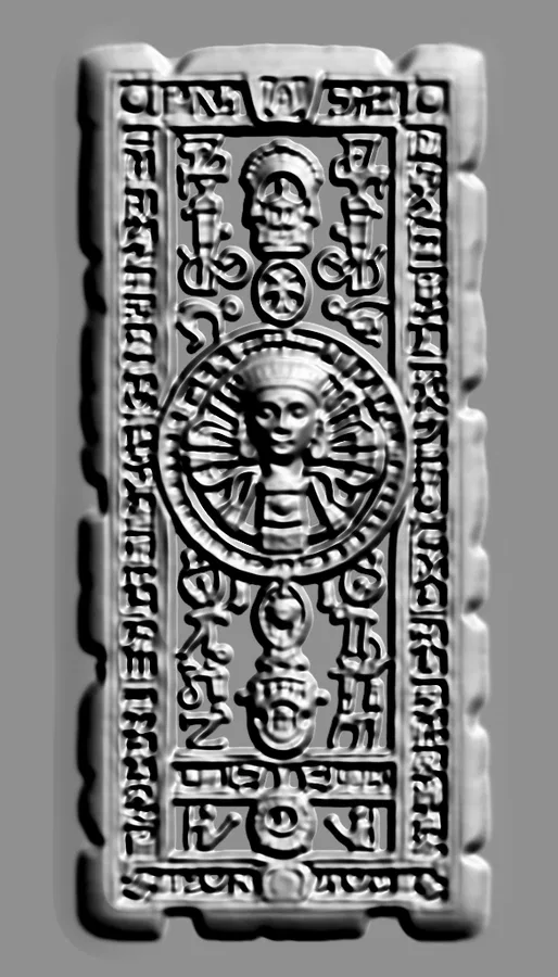 3D model of an ancient Egyptian bas-relief with a pharaoh and hieroglyphs, rendered in gray.
