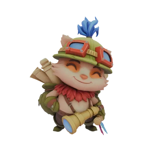 3D model of a cheerful Yordle character dressed as an explorer, holding a telescope and wearing a backpack.