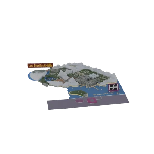 3D render of a miniature Los Perrito Airlines airport diorama, showing a runway, terminal building, mountains, and water.