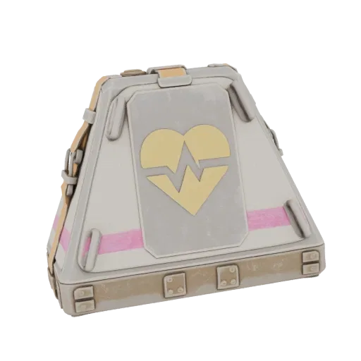 A 3D render of a futuristic medical kit with a golden heart emblem and pink accents, set against a black background.