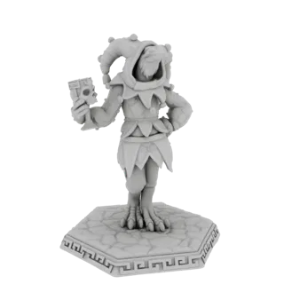 Render de modelo 3D de un personaje bufón con traje tradicional, sosteniendo un cáliz con forma de calavera, sobre una base h
