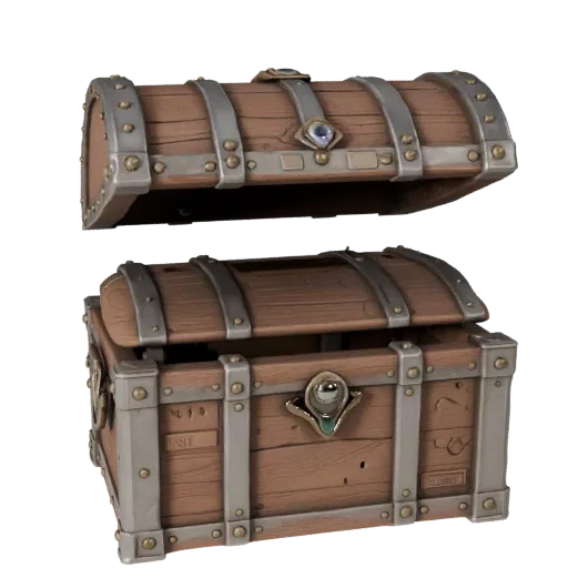 Adventurer Treasure Chest 3D model, three-quarter front view, Unreal Engine viewport, showing aged wood, form detail.
