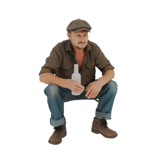 3D model of a man wearing a flat cap, sitting down and holding a white bottle, with a casual outfit of shirt, jeans, and boot