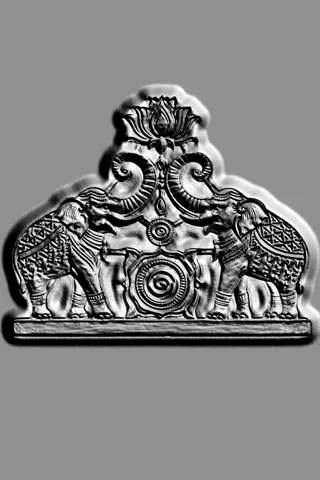 3D model of a bas-relief with two elephants, lotus, and ornaments in engraving style