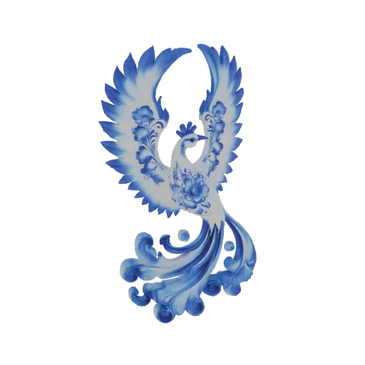 A 3D model of a phoenix with wings spread, decorated in a blue and white Gzhel ceramic style with floral patterns.