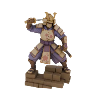 Modelo 3D de um guerreiro samurai em armadura bege e roxa com flores de cerejeira cor-de-rosa, empunhando uma katana, em pé s