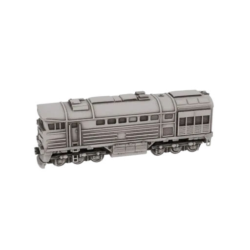 A detailed 3D model of a classic silver diesel locomotive, viewed from a slight side angle against a black background.