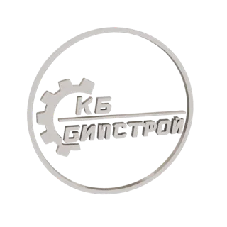 Modelo 3D do logo KB Bipstroy, com engrenagem metálica e texto em relevo em um círculo.
