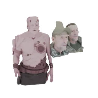 3D model render of a Frankenstein-inspired cyberpunk bust with two realistic military character busts on either side, against