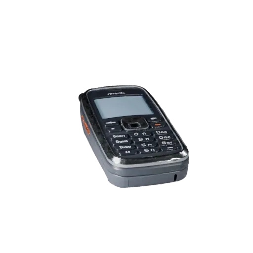 Rugged Retro Mobile Phone Low Poly 3D model, game viewport three-quarter view, showing glass screens, form detail.