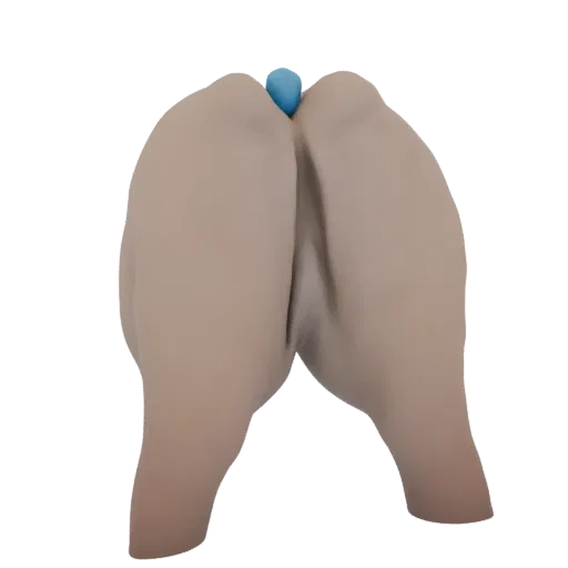 3D model of a stylized blue pill held between two abstract, smooth, skin-toned hands against a black background.