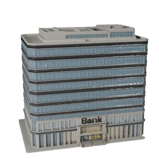 Bank Headquarters Building high poly 3D model, close-up architectural render view, showing commercial office building materia