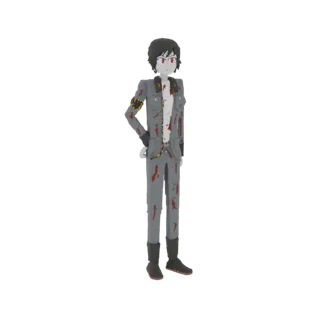 Modèle 3D d'un personnage zombie en uniforme scolaire gris taché de sang, debout, mains sur les hanches.