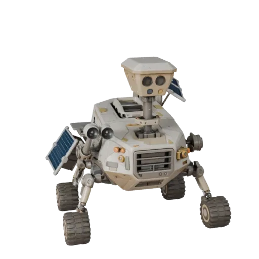 Lunar Sample Collector Stylized 3D model, stylized isometric render, showing dusty wheels, vehicle stance.