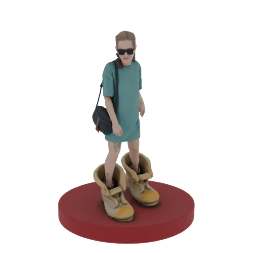 Modello 3D di un personaggio con stivali grandi color cuoio, occhiali da sole e maglietta verde acqua, su base rossa.