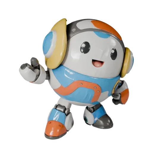 Aperçu du modèle 3D réaliste de Mascotte Style Robot montrant la pose, la vue de trois-quarts de la scène, l'expression et le