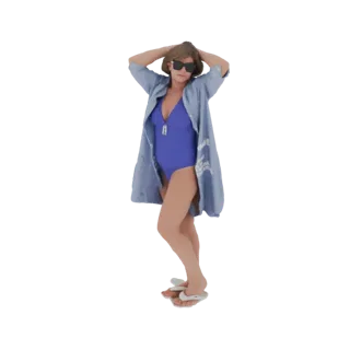 Modello 3D donna con costume blu e camicia aperta blu, in posa con mani dietro la testa.