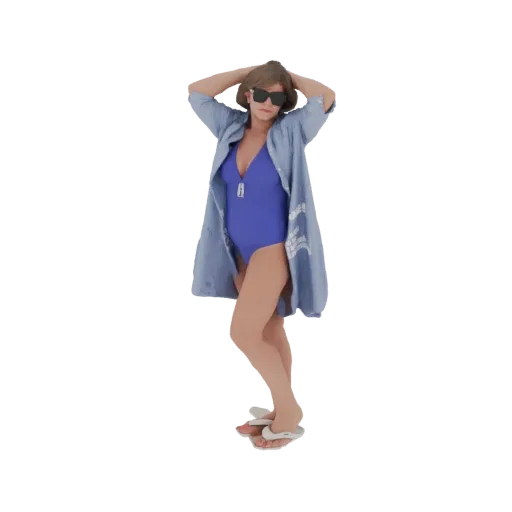 3D-Modell einer Frau in blauem Badeanzug und offenem blauem Hemd, die mit den Händen hinter dem Kopf posiert.