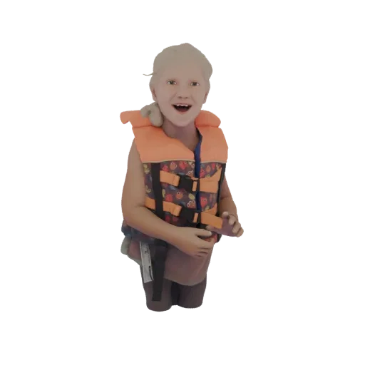Modello 3D bambino sorridente con salvagente arancione fantasia, posa gioiosa.