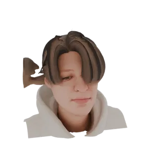 3D model render of an anime-inspired young man with brown, flowing hair and a white hoodie, looking slightly downwards.