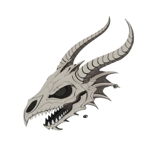 A detailed 3D render of a dragon skull with sharp teeth and large, curved horns, presented against a white background.