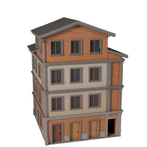 Townhouse stylized 3D model, isometric stylized game environment view, showing residential building materials and architectur