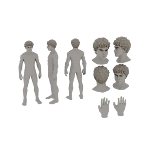 3D model of a young man with curly hair, shown from front, side, and back, with separate head and hand models.