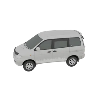 Un modèle 3D d'un minivan blanc avec des vitres teintées et une garniture décorative sur le côté, vu sous un angle avant troi