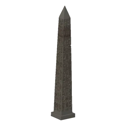 3D model of a dark gray ancient Egyptian obelisk with detailed hieroglyphic carvings, standing tall against a white backgroun