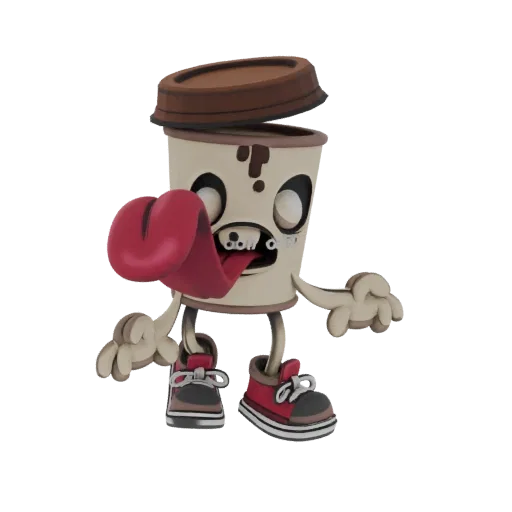 3D model of a zombie coffee cup character with a long red tongue sticking out, vacant eyes, and red sneakers, against a white
