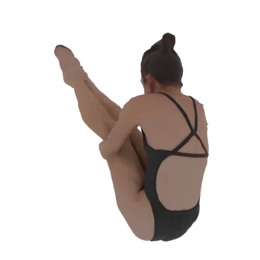 3D model of a female diver in a black swimsuit, captured mid-air in a tight tuck position.