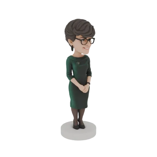3D model of a bobblehead figure of a woman in a green dress and glasses, standing on a white circular base.