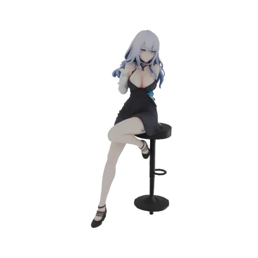 3D model of an elegant woman in a black dress sitting on a black bar stool, with light blue hair and a poised expression.