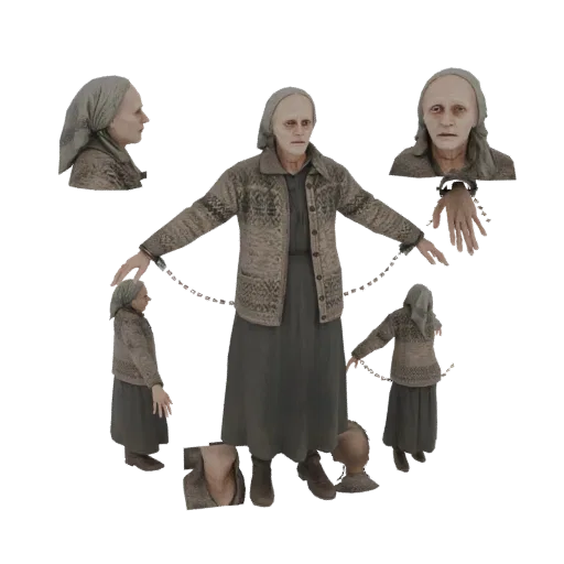 3D model of a chained elderly woman, shown from multiple angles, with a distressed expression and worn clothing.
