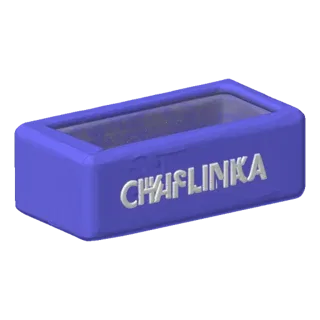 Modello 3D di un organizer blu liscio per biglietti da visita con parete frontale a forma di parola "CHAPLYNKA", posizionato