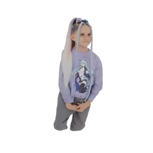 3D model of a young anime girl with long white hair and blue and pink braids, wearing a purple sweatshirt and gray pants.