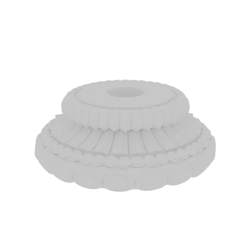 Una renderización 3D de una base decorativa blanca, ornamentada y de niveles con lados estriados y una banda de acento de cue