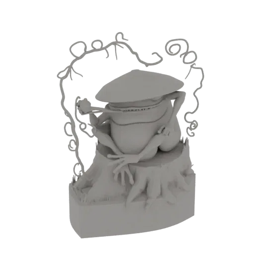 Renderização 3D de um sapo cinza com chapéu cônico, sentado em um toco de árvore com videiras.