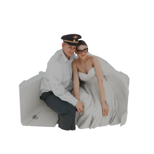 3D model of a wedding couple, man in military uniform, woman in wedding dress, embracing tenderly.