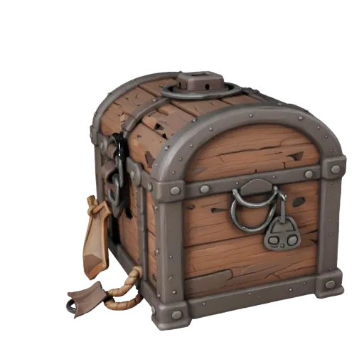 Pirate Supply Box Stylized 3D model, stylized isometric render, showing wood planks, stackable massing.